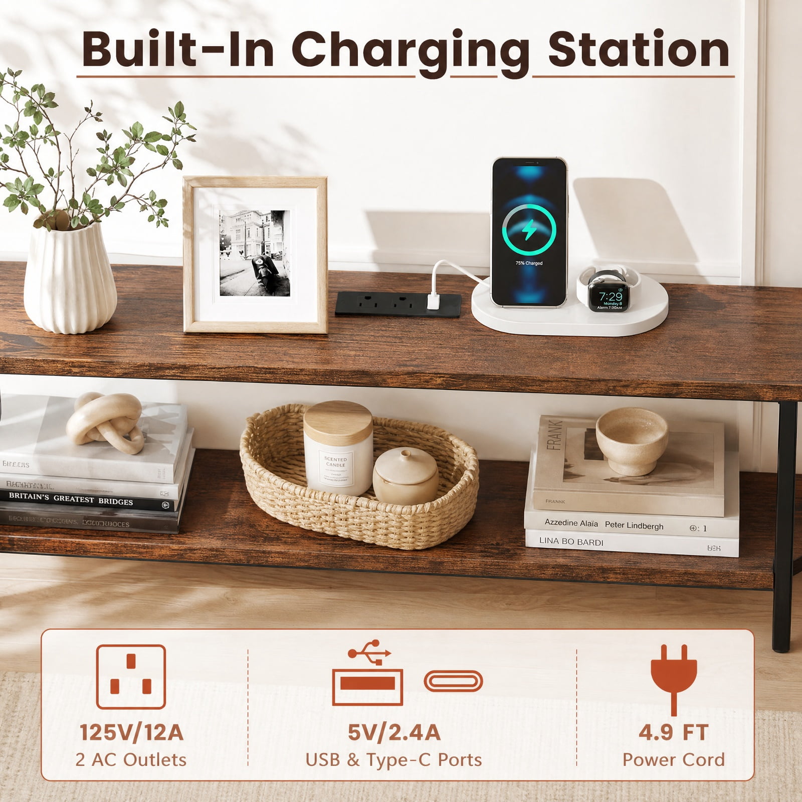 Furnibear 40 Inch Entryway Console Table with USB Type-C AC Charging Station and App Controlled RGB LED Lights for Hallway, Rustic Brown
