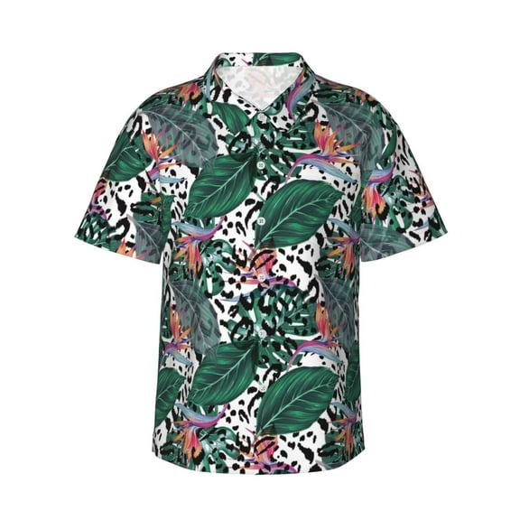 Fotbe Tropical Leaves Hawaiian Shirt for Men Unisex Summer Beach Casual Short Sleeve Cotton Linen Button Down Shirts-3X-Large