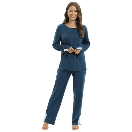 

Women s Pajamas Set Long Sleeve Sleepwear Laced Round Neck Top with Pants Soft Loungewear