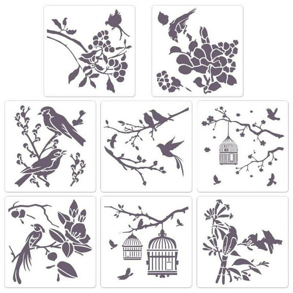 HeroNeo 8 Pack Painting Stencils Cute Flower Birds Branch Drawing Templates Reusable Hollow for DIY Lover Kids Boy Girl Student