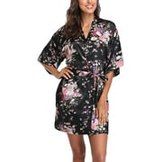 Women's Floral Robes Satin Bride Bridesmaids Spa Kimono Robe for Wedding Day Short Dressing Gown, One Size