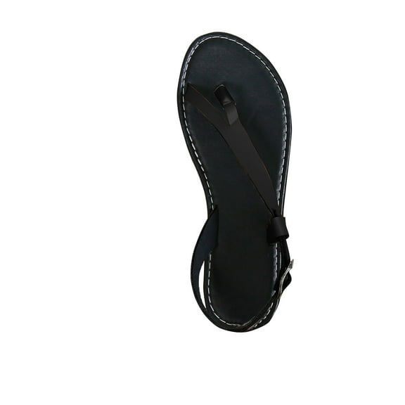 Virmaxy Womens Flat Sandals Leather Thin Strap A Flat Toe Clip Roman Sandals Beach Shoes Black 36