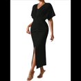 thumbnail image 2 of Vestido de Cóctel para Mujer, con Efecto Metalizado, Cruzado, Color Liso, Escote en V, Plisado, Abertura Alta, Corta, Midi, Negro, Talla M, 2 of 9