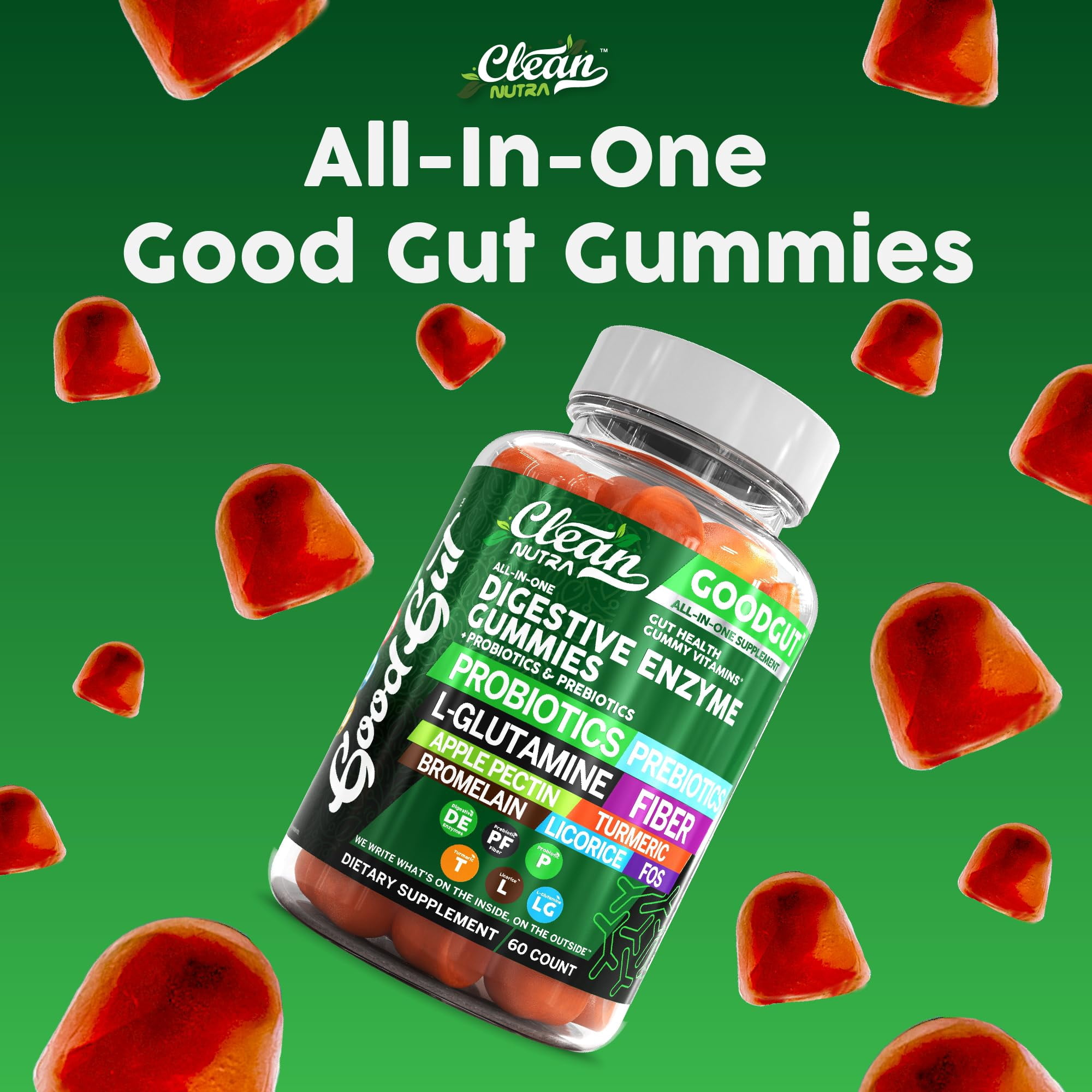 Clean Nutraceuticals Digestive Enzymes with Probiotics & Prebiotics for Digestive Health Gummies & L-Glutamine for Gut Health Bromelain Apple Pectin Inulin FOS Plant Based Vegan Gummy Vitamins
