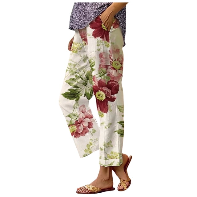 Fgnfyis Pantalon Décontracté Taille Haute à Imprimé Bohème pour Femmes avec Poches Style Crayon Pantalon pour Femmes Rouge Brique L
