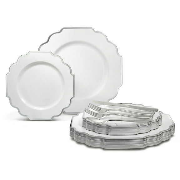 " OCCASIONS " 150 Piece set (25 Guests)-Wedding Plastic Plates & cutlery -Disposable heavyweight Dinnerware 10.5'', 8''   Silverware w/double fork (Imperial in White & Silver Rim)