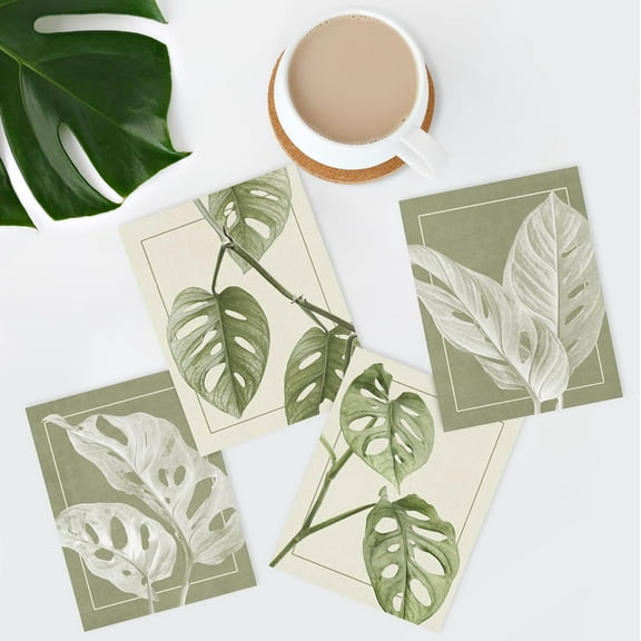 PixonSign Frameless Wall Art, Tropical Monstera Sage Green Leaf Posters, Set of 4 Emerald Plant Wall Decor Prints, Nature Wilderness Wall Décor Fine Artwork for Living Room, Bedroom - 11"x14"