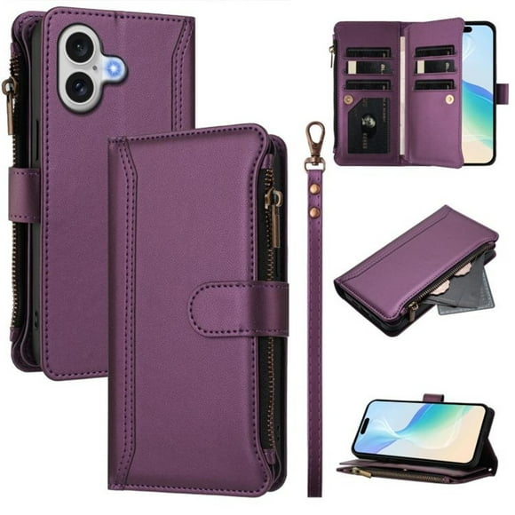 For iPhone 17 Wallet Phone Case-PU Leather Magnetic Flip Cover with 9 Credit Card Slots,Zipper Pocket & Detachable Wrist Strap,Shockproof,Purple,For iPhone 17