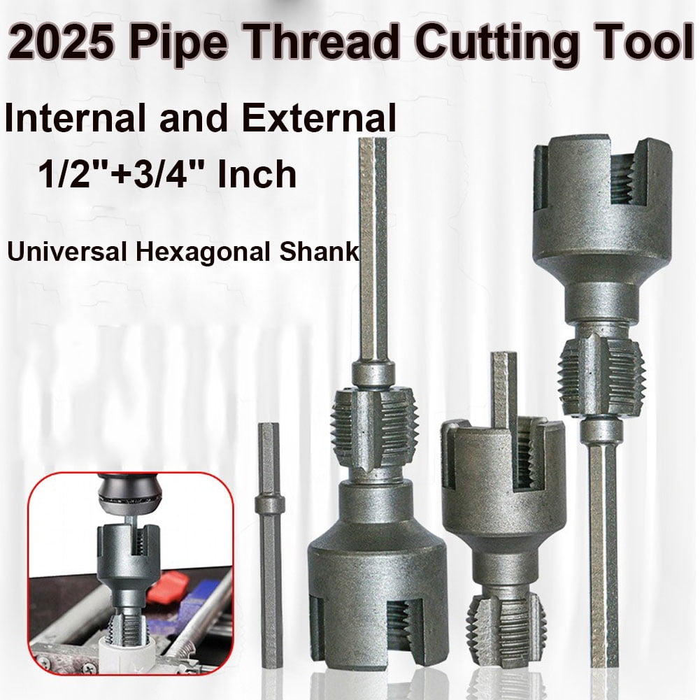 2025 Pipe Thread Cutting Tool,Electric Drill Compatible PVC Pipe Threader Kit, 1/2'' 3/4'' Internal External Rethreading Maker