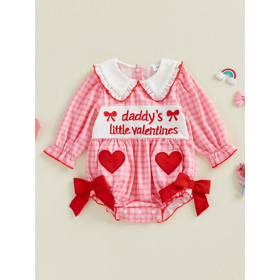 Loicainy Baby Toddler Girls Valentines Day Romper 3 6 12 18 Months Plaid Print Letter Bow Embroidery Long Sleeve Doll Collar Jumpsuit