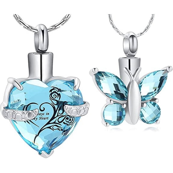 2 Pcs Light Blue Crystal Stainless Steel Heart & Butterfly Pendant Memorial Urn Necklace Women Keepsake Gift Cremation Jewelry for Ashes