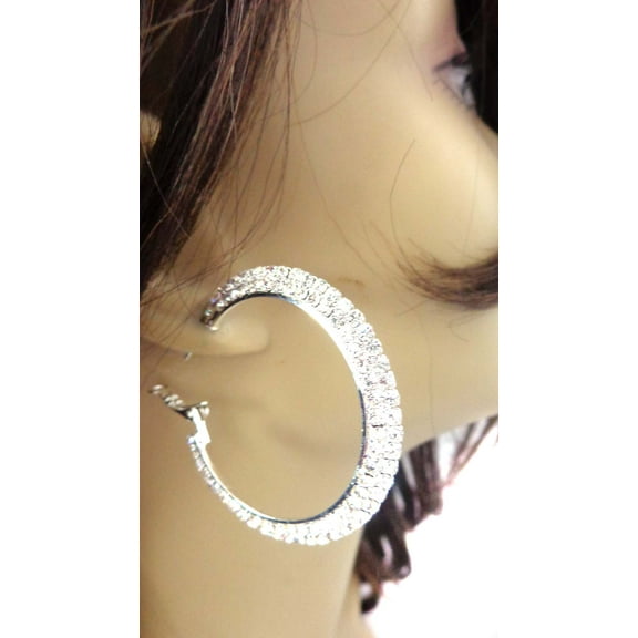 Rhinestone 2.25 inch Hoops Double Paved Crystals Silver Tone