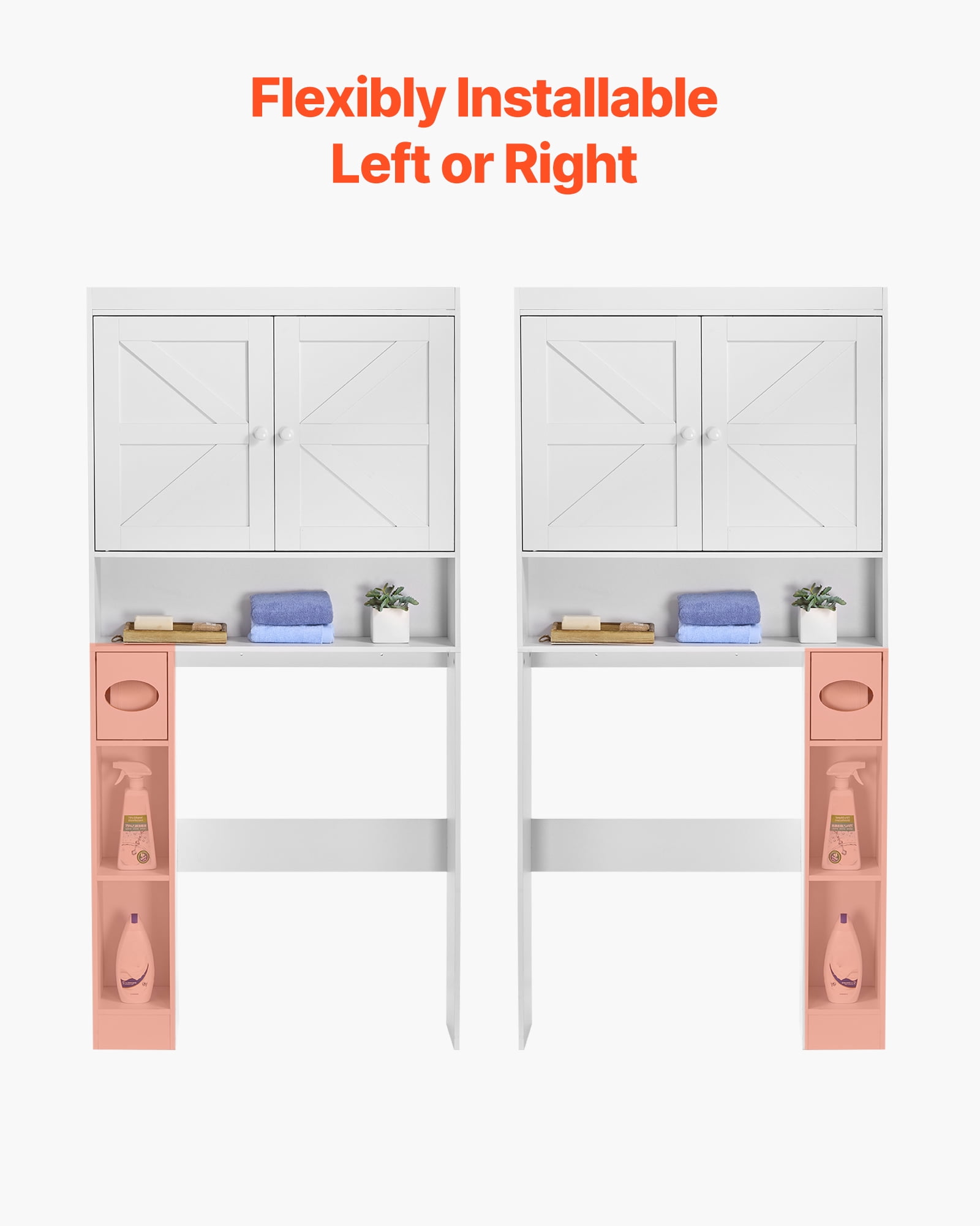 VEVOR Over The Toilet Storage Cabinet, 67.44 in Height Bathroom Storage Organizer with Double Door and Adjustable Shelf, Bathroom Space Saver Organizer Above Toilet with Open Shelf, White