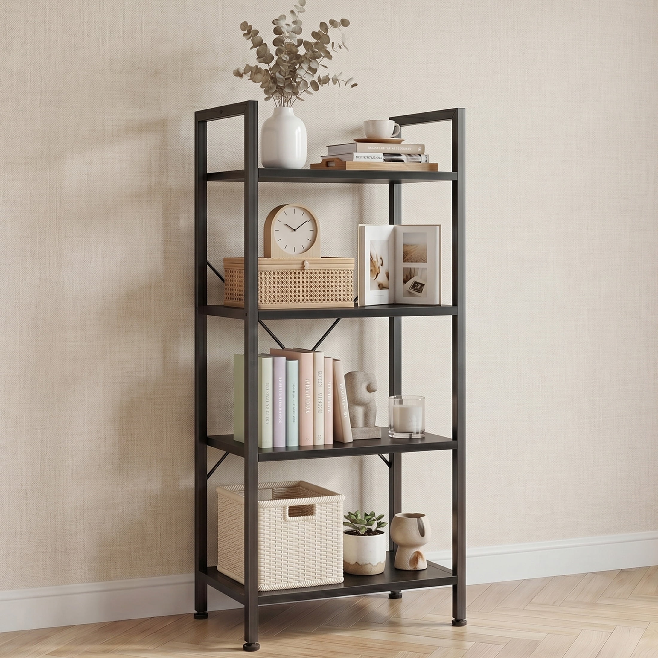 CONCETTA Bookshelf, 4-Tier Small Industrial Storage Shelf & Shelves, Metal Bookcase for Home Office, Living Room, Black
