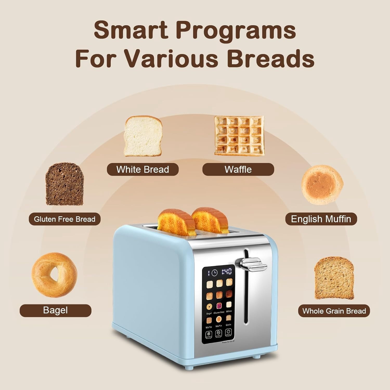 2 Slice Touch Screen Toaster, 1.5" Wide Slot, Stainless Steel Smart Toaster for Bagels, Muffins, Waffles, Gluten-Free Breads, Defrost, Reheat, Timer, 825W, Ice Blue