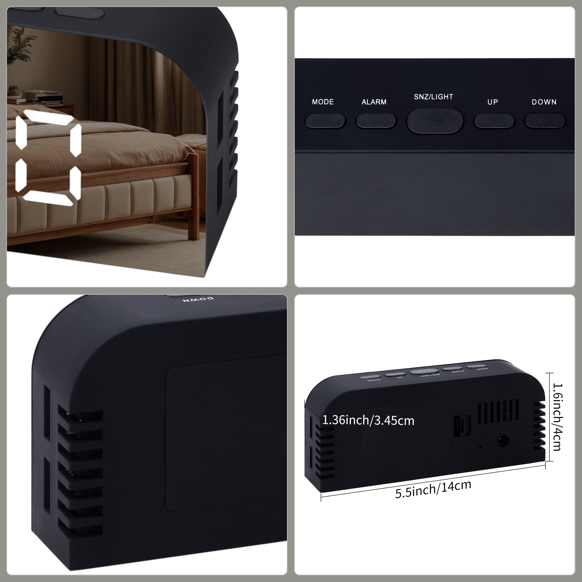 Unique Bargains LED Alarm Clock Black Housing and Silver Mirror 5.5"L x 1.36"W x 2.4"H