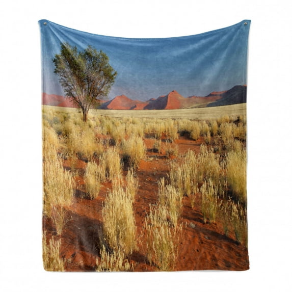 Landscape Soft Flannel Fleece Blanket, Plant Theme Tree Desert Sossusvlei Namibia Southern Africa Photo Print, Cozy Plush for Indoor and Outdoor Use, 60" x 80", Sky Blue and Marigold, by Ambesonne