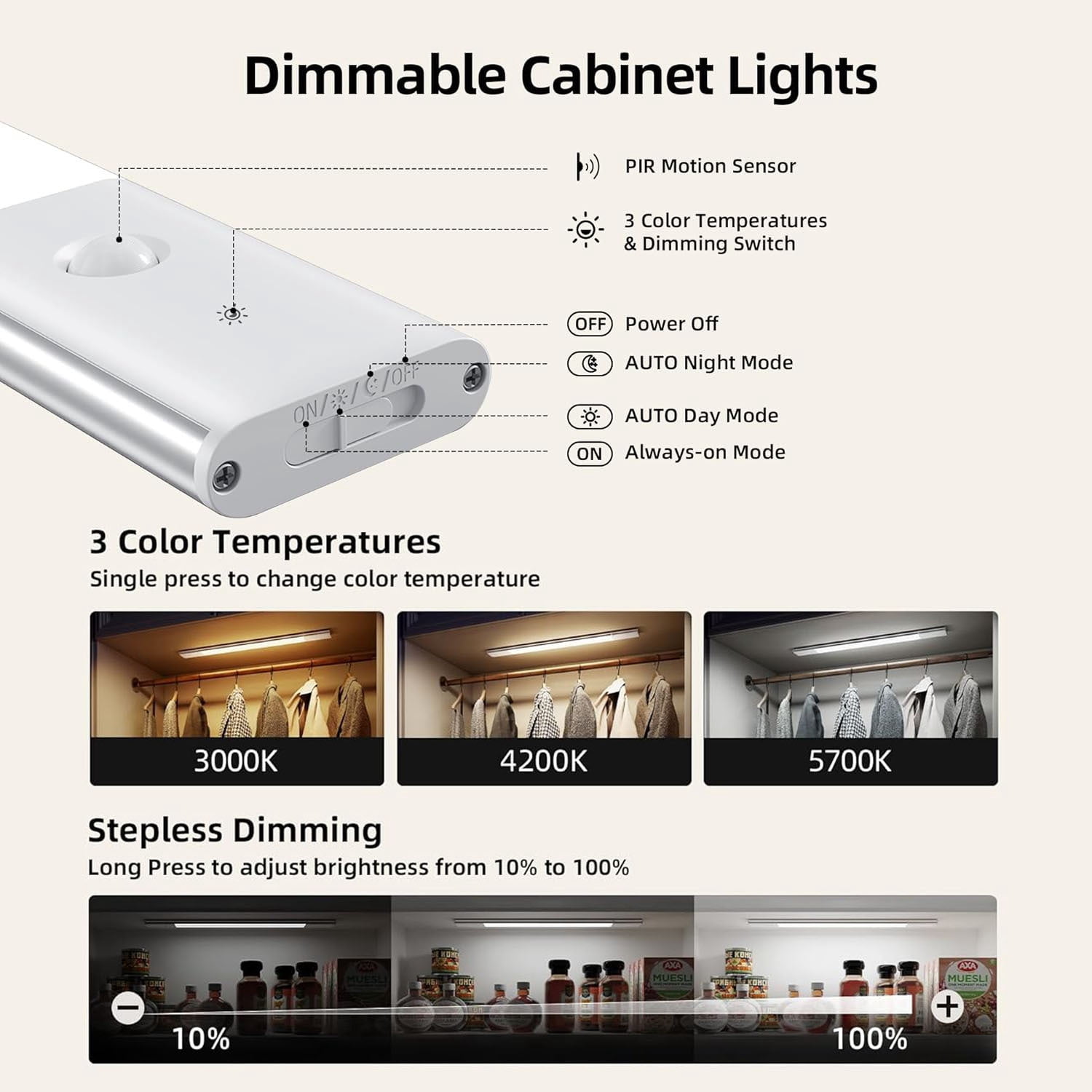 EZVALO 2-Pack Under Cabinet Light 3-Mode Motion Sensor Rechargeable Dimmable, Magnetic Mount with Remote Control for Kitchen Cabinet Bedroom Pantry