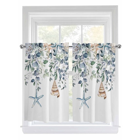 Kitchen Curtains 54 Inches length, Green Teal Eucalyptus Window Treatment Curtain Drapes, Coastal Summer Starfish Thermal Insulated Drapes for Basement Hotel RV, 42"x54", 2 Panels