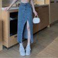 thumbnail image 2 of Elegant High Waisted Denim Skirt For Women Summer Chic Asymmetrical Split Hem Midi Jean Skirt, 2 of 2