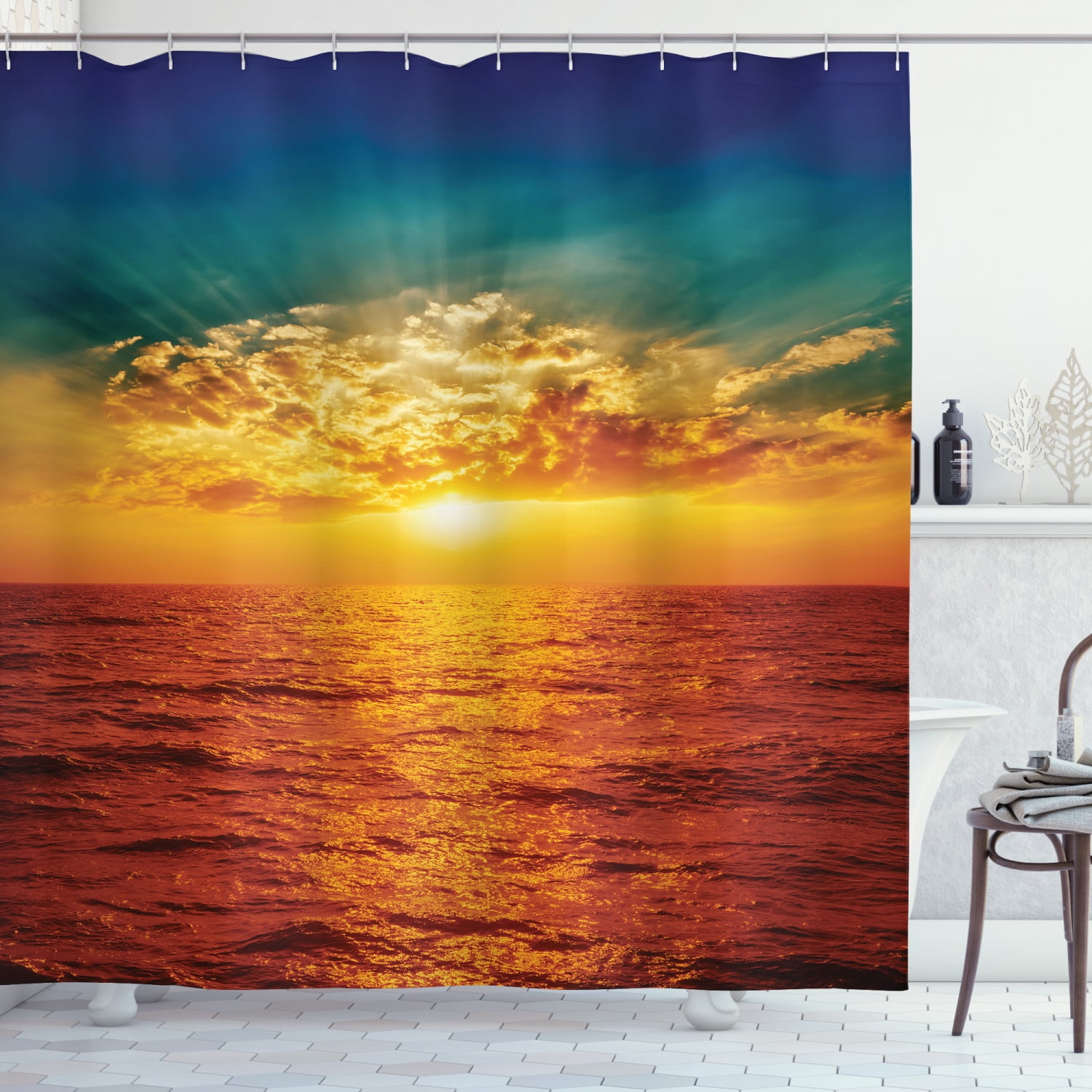 Ocean Shower Curtain, Sunset Clouds Exotic Seaside with Sun Rays ...