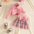 thumbnail image 6 of JIAYUE Toddler Girls 2-Piece Outfit Peter Pan Collar Long Sleeve Solid Color Coat And Straps Bow Plaid Dress For Casual Parties,9-12 Months, 6 of 6