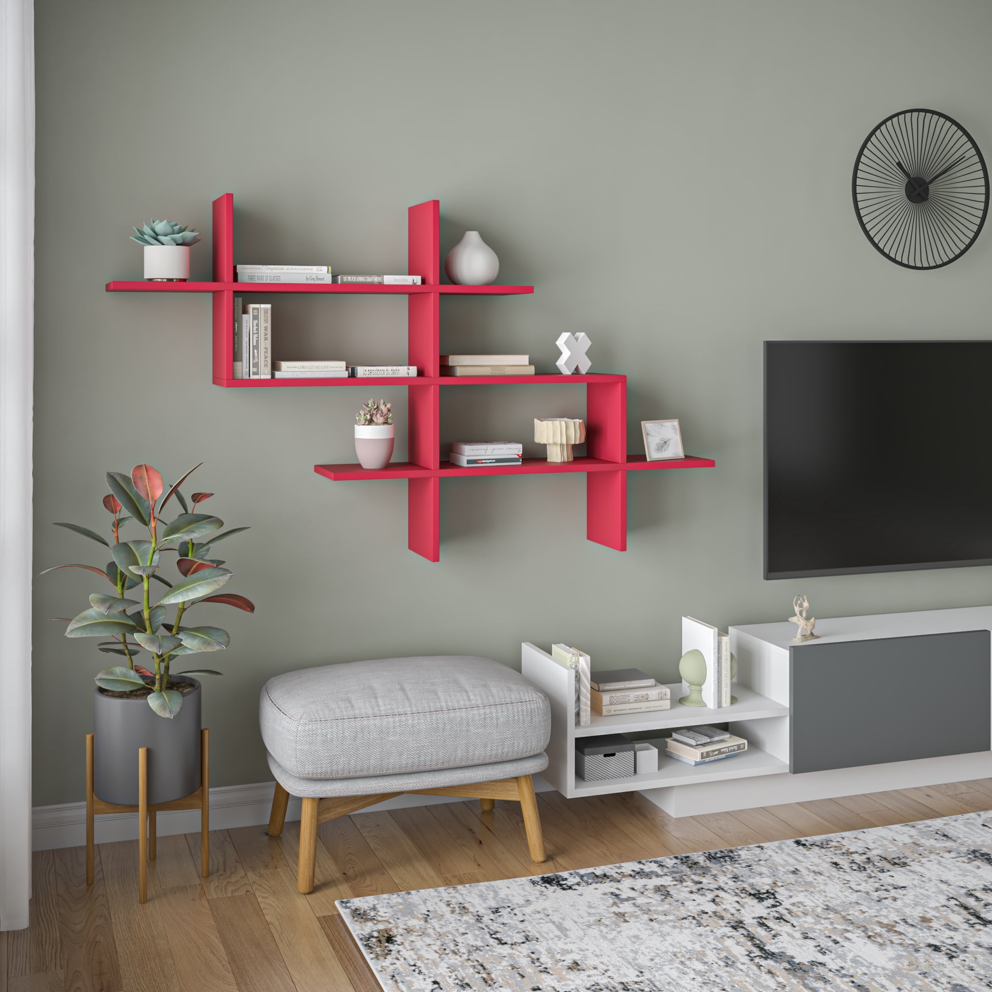 Ada Home Decor Furniture 59" 3 Tier Burgundy Warren Modern Wall Shelf