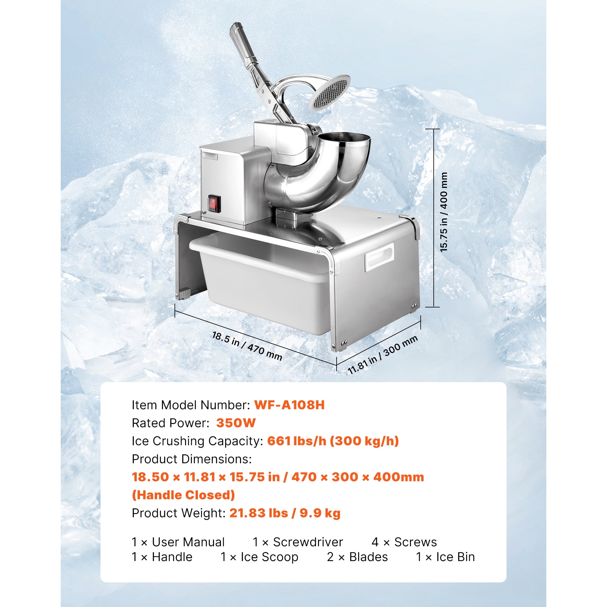 KFFKFF Commercial Ice Shaver Machine, 661 LBS/H Electric Ice Crusher with Detachable Container, 350W Motor, 4 Blades, Shaved Ice Maker for Desserts, Bars, and Parties, Silver