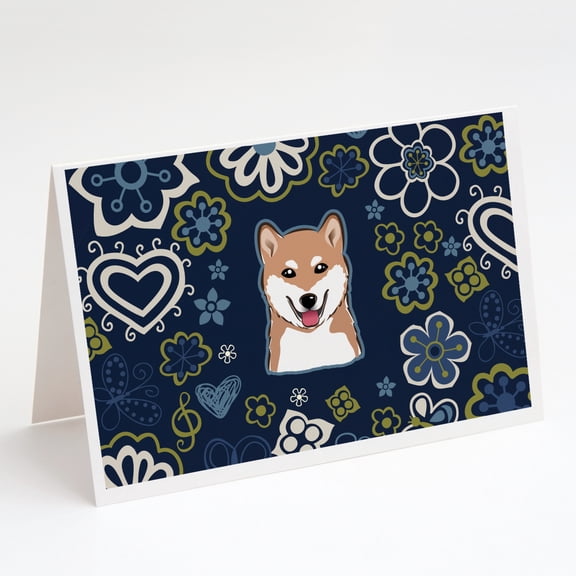Blue Flowers Shiba Inu Greeting Cards and Envelopes Pack of 8