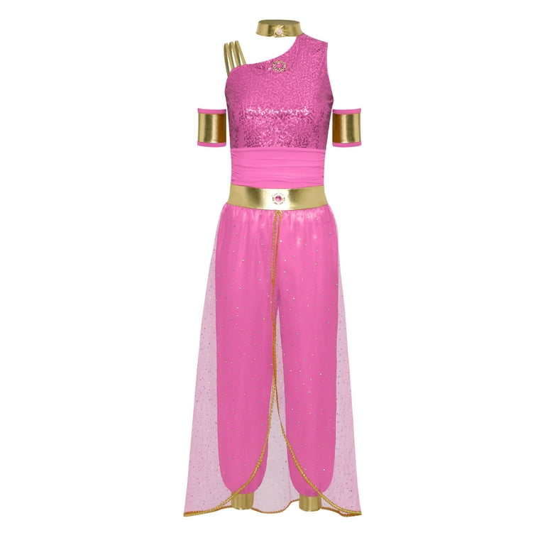 Aislor Women's Arabian Princess Belly Dance Costume Gem Decor Shiny Tulle  Overlay Jumpsuit for Party Hot Pink 4XL - Walmart.com