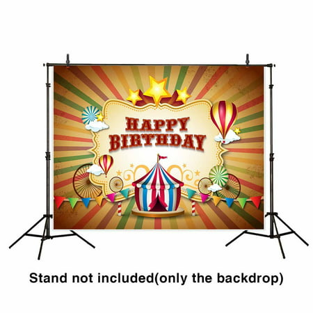 GreenDecor Polyester Fabric 7x5ft Circus Theme Birthday Backdrop Cartoon Tent Hot Air Balloon and Shooting Stars grungy Concentric Striped Background for Photography or