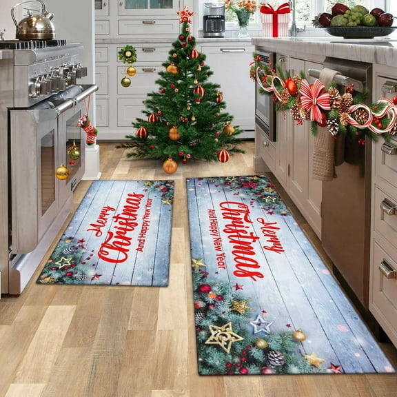 Christmas Kitchen Mats Set of 2, 17x30   17x47 Inch Xmas Kitchen Rugs, "Merry Christmas And Happy New Year" Pinecone & Star Decor, Non - Slip Floor Mats for Kitchen, Dining Area Christmas Decoration
