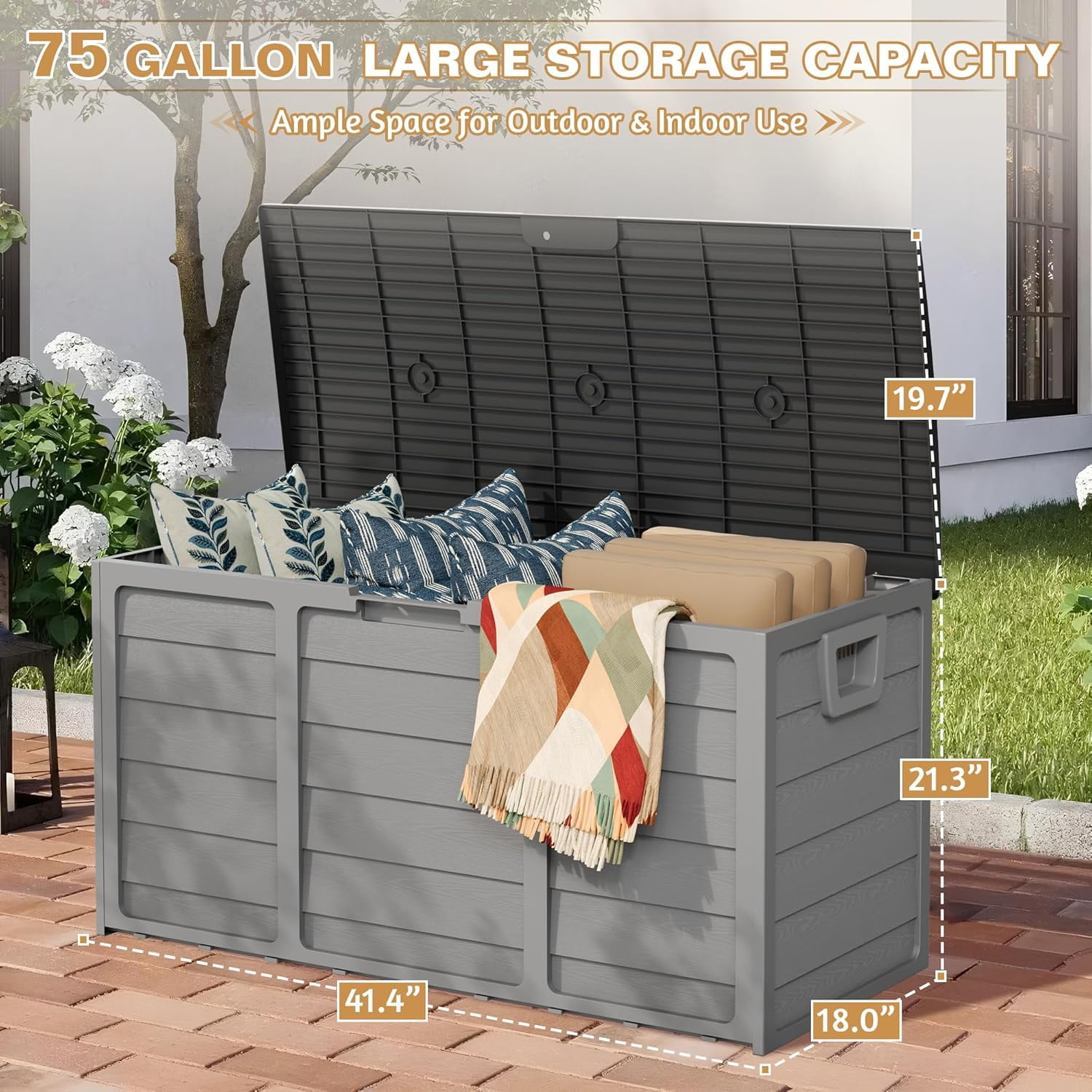 75 Gallon Outdoor Storage Deck Box Weatherproof Durable Resin Container
