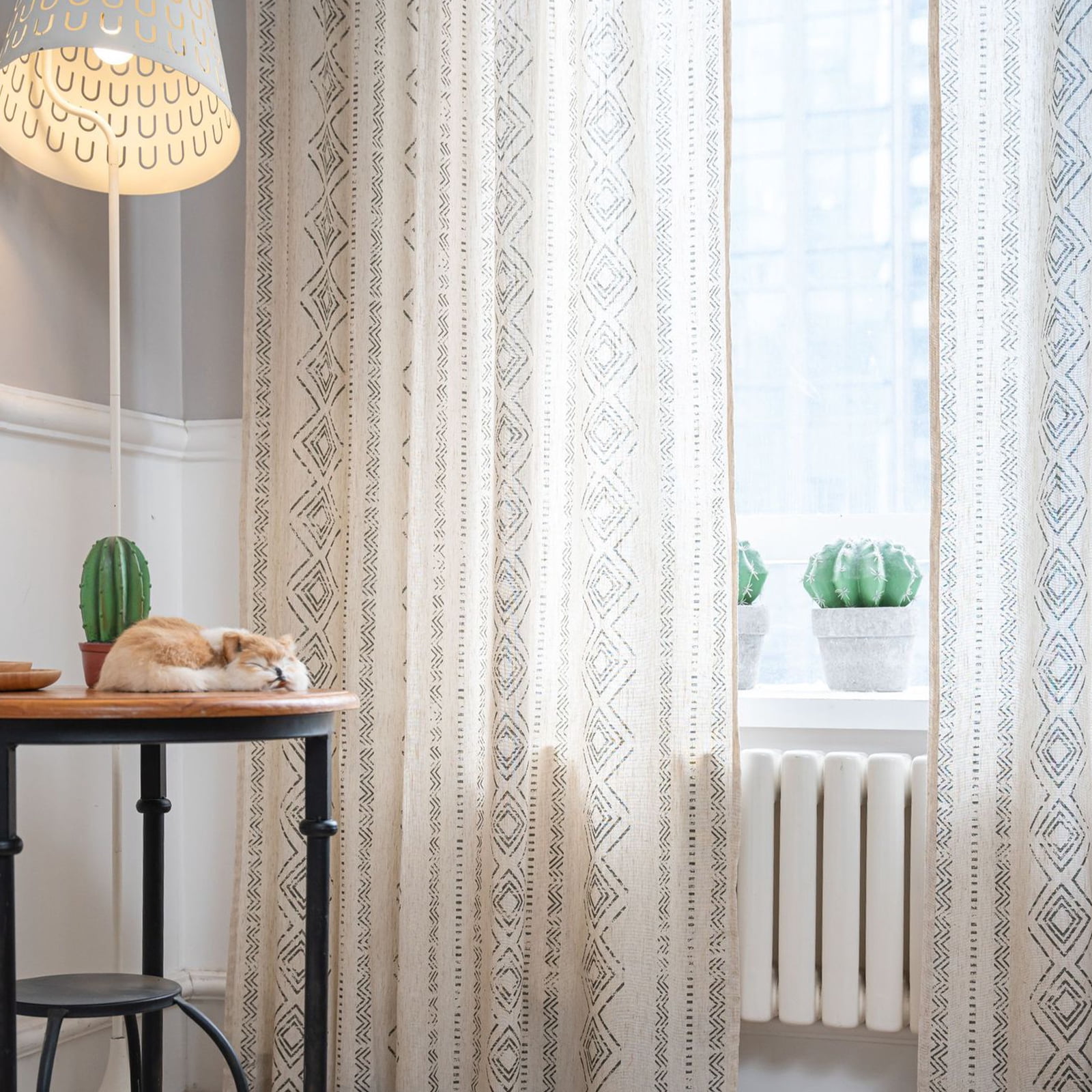 PixelForge Semi Blackout Linen Curtains Geometric Window Curtains 84 Inch Length Farmhouse Light Filtering Drapes for Living Room Bedroom 1 Panel,Beige