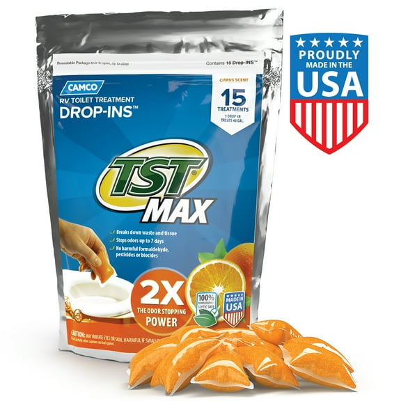 Camco TST RV Toilet Treatment Drop-ins, Orange Citrus Scent, 15-Pack (41189)