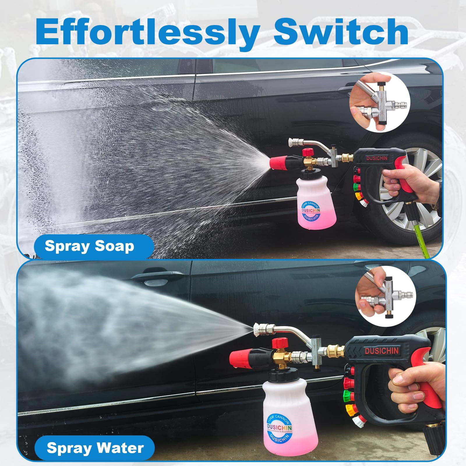 DUSICHIN Pressure Washer Short Gun Foam Cannon 1/4" Quick Connector,Car Wash Foam Gun Kit Dual Connector Accessory,Double Tip Attachment For Soap Cannon with 5 Nozzle Tips