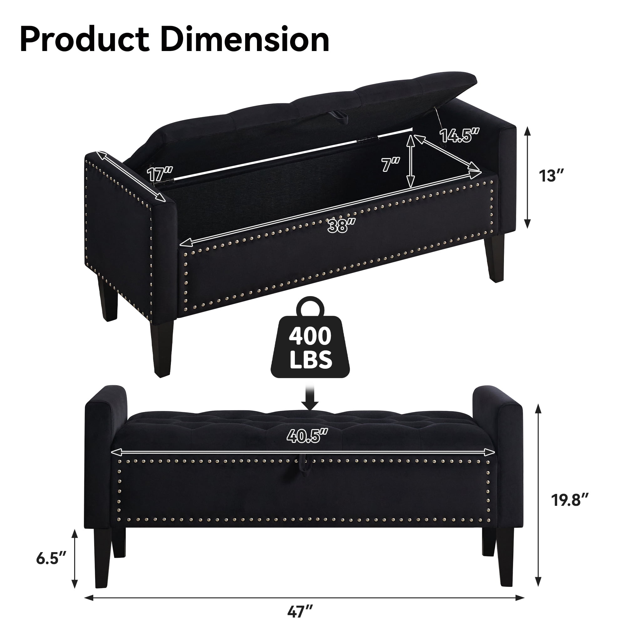 Velvet Storage Bench, Upholstered Bed Bench with Storage, End of Bed Ottoman with Wooden Legs,Bedside Storage Bench for Bedroom, Living Room, or Entryway, Black
