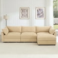 thumbnail image 3 of Newest L-shaped 3-seater modular sofa,,1 movable footstool, crescent-shaped armrests,,wraparound back,arm cushions, chenille fabric, wheat colour., 3 of 20