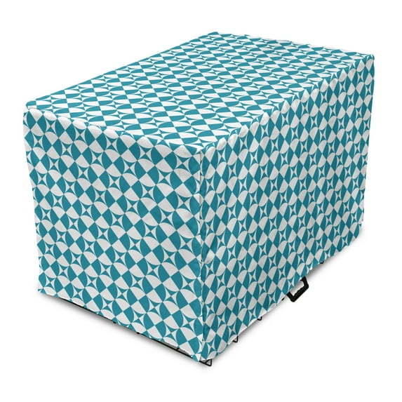 Crazy Art Dog Crate Cover, Diagonal Circles in Squares Interpretation Graphical Abstract Design, Easy to Use Pet Kennel Cover Small Dogs Puppies Kittens, 7 Sizes, Sea Blue and White, by Ambesonne