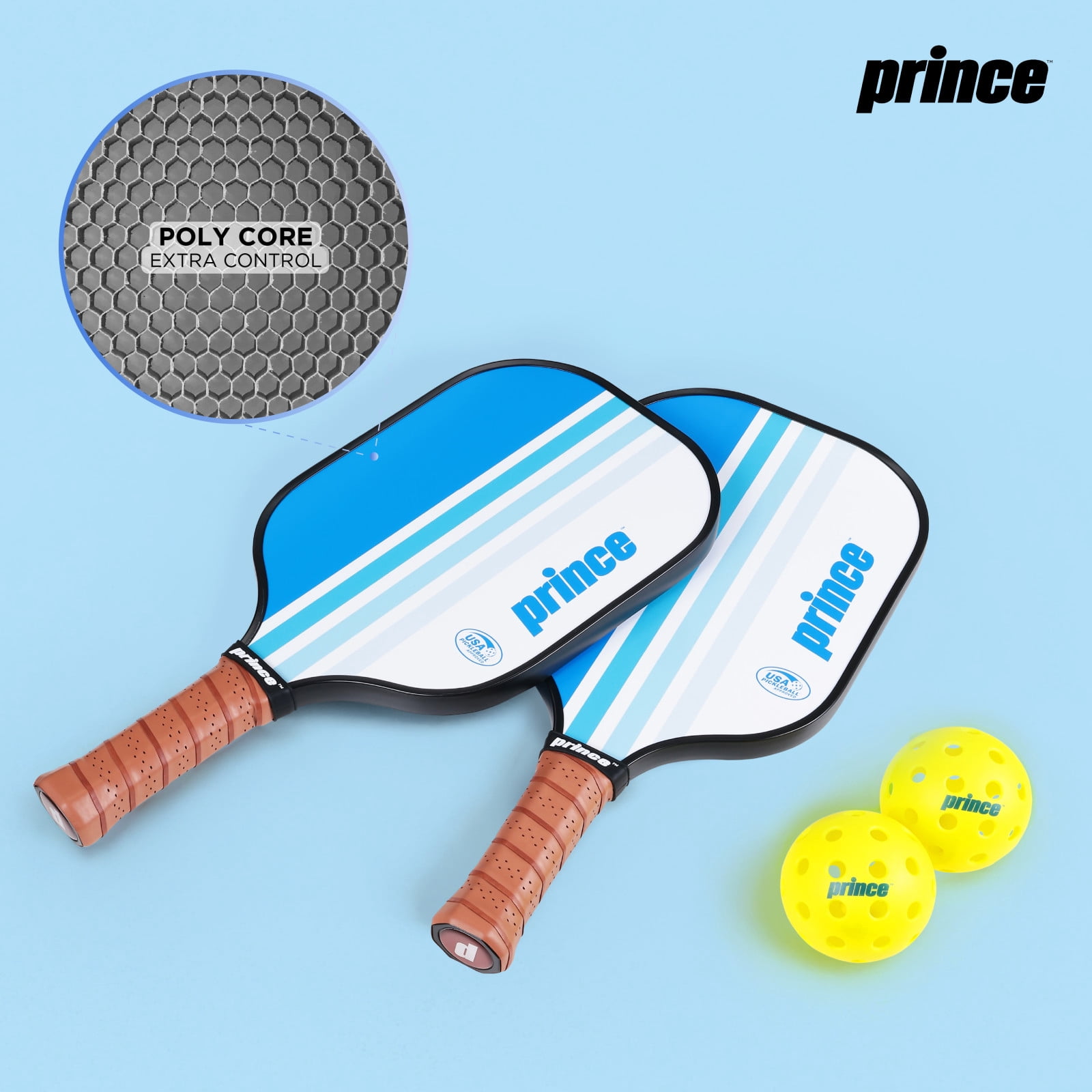 Prince Pickleball 5 Piece Fiberglass Paddle Set with Bonus Clear Backpack, Blue Includes 2 Paddles, 2 Outdoor Pickleballs & Carry Bag