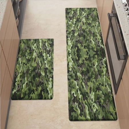 

Anti Fatigue Kitchen Mat Camouflage Sets of 2 Kitchen Rugs Non Slip Cushioned Standing Mat for Sink Floor Laundry Office Desk Mid 17.3 x 29 + Plus 17.3 x 47.2