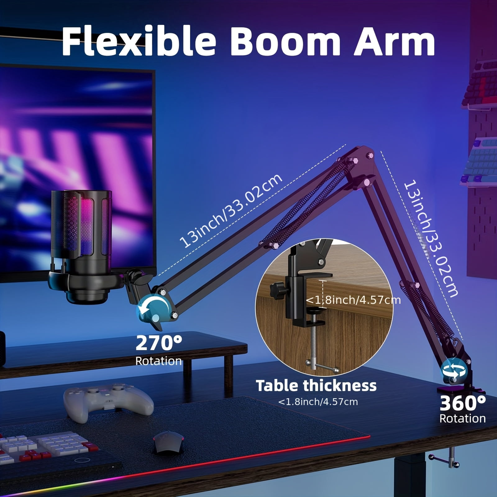 General  USB Microphone Suitable for Streaming, Podcast & Gaming - Pop Filter, Diaphragm Condenser Mic with Boom Arm, Volume/Gain Control & RGB - Compatible for PS4/, Mac, PC, Phone (PC Gaming Mic)
