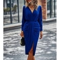 thumbnail image 4 of Vestido largo de manga larga con escote en V cruzado para mujer, elegante, de color liso, con dobladillo fruncido, ajustado, ideal para cócteles y fiestas., 4 of 5