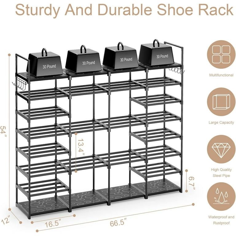 VTRIN Large Shoe Rack Organizer, tall metal rack Holds 62-66 Pairs, 8 Tiers  Space Saving Shoe Shelf Storage with Side hanging pockets for Living Room