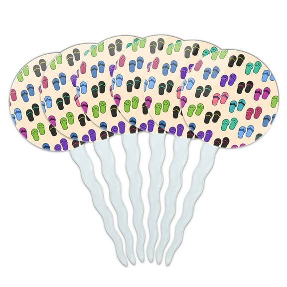 Fun Colorful Flip Flops on Sand Pattern Cupcake Picks Toppers Decoration Set of 6