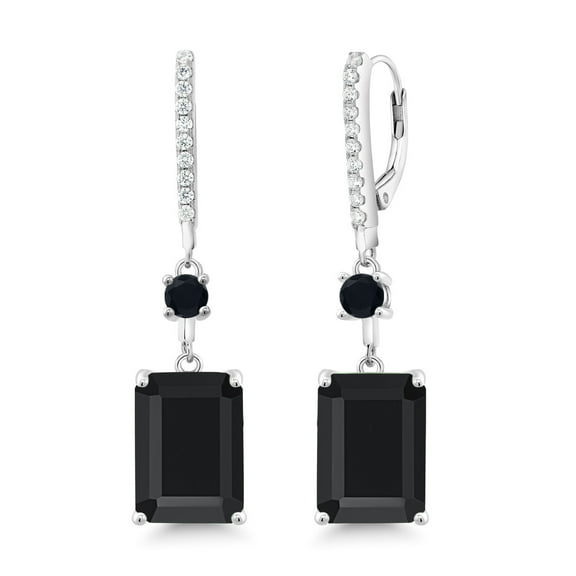 Gem Stone King 925 Sterling Silver Black Onyx Dangle Earrings for Women (13.94 Cttw, Gemstone Birthstone, Emerald Cut 14X10MM)