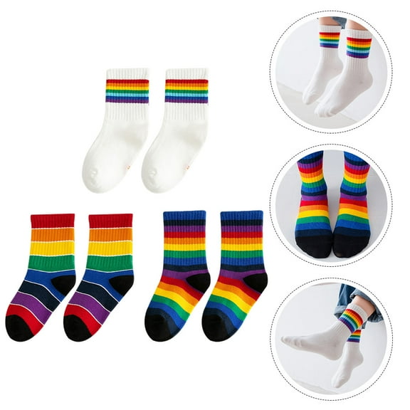 FRCOLOR 3 Pairs Infant Cartoon Socks Rainbow Striped Mid-calf Length Breathable