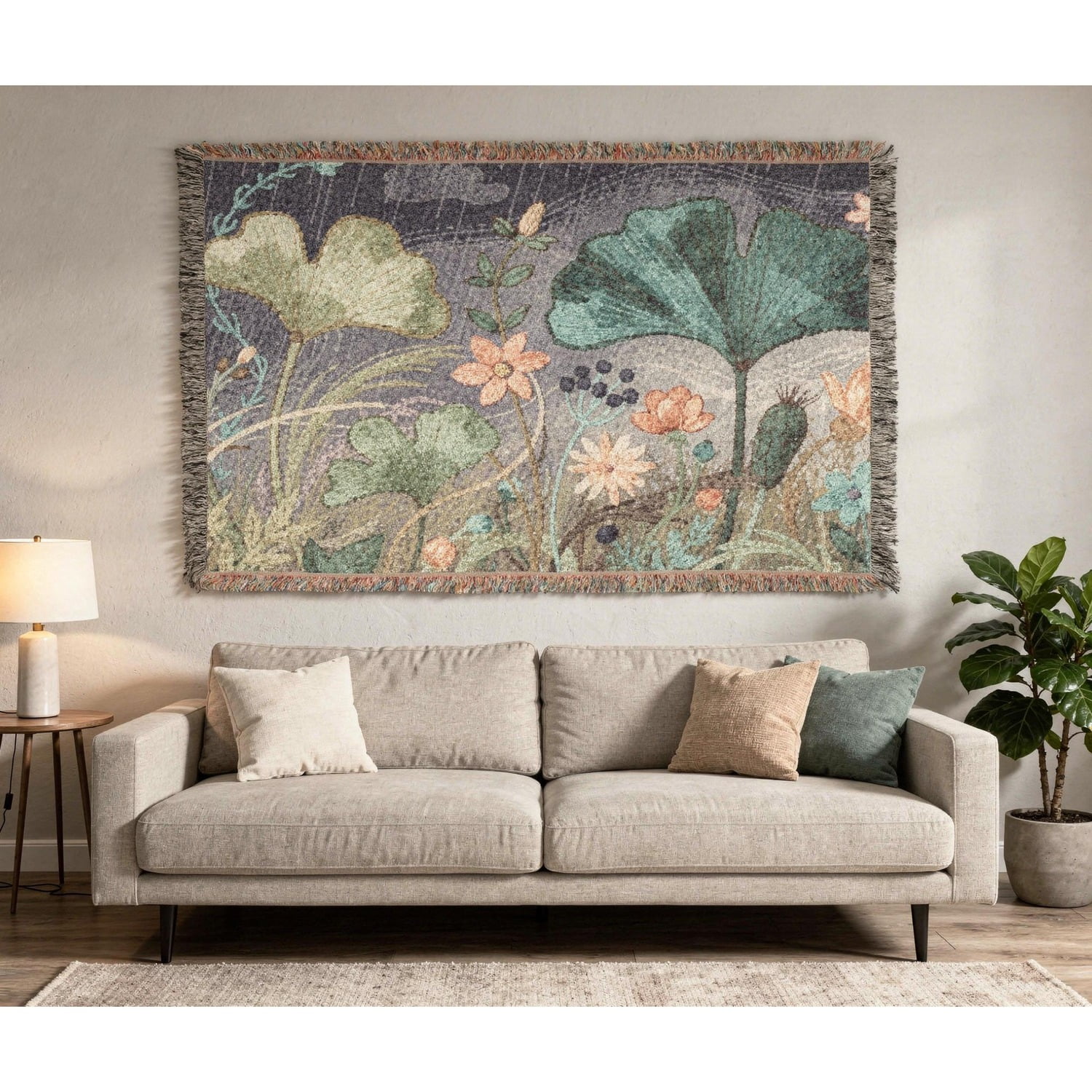 Botanical Floral Woven Throw Blanket Cotton with Fringed Edges for Bedroom Accent