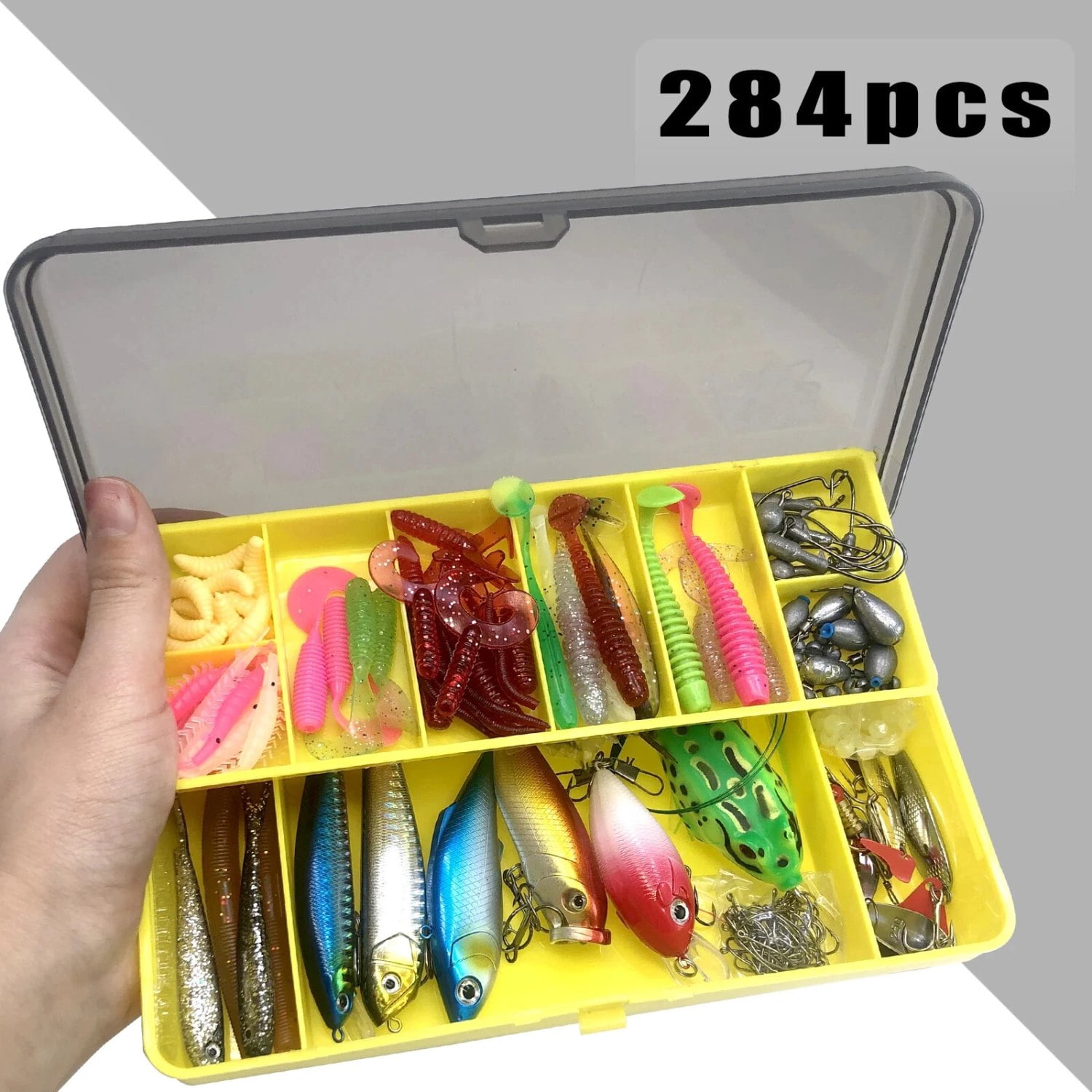 284-Piece Fishing Lures Kit with Tackle Box, Complete Fishing Gear Set Includes Crankbaits, Soft Worms, Spinnerbaits, Hooks, Jigs for Freshwater & Saltwater Bass, Trout, Salmon