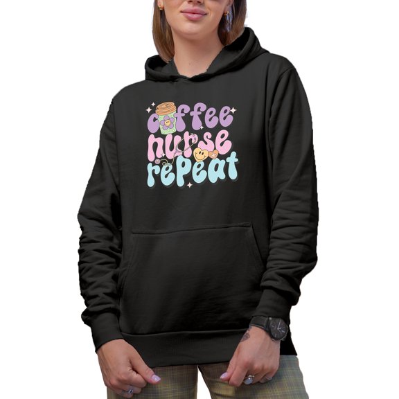 Coffee, Nurse, Repeat, Retro Nursing Merch Gift, Black Hooded Sweatshirt or Hoodie, Small